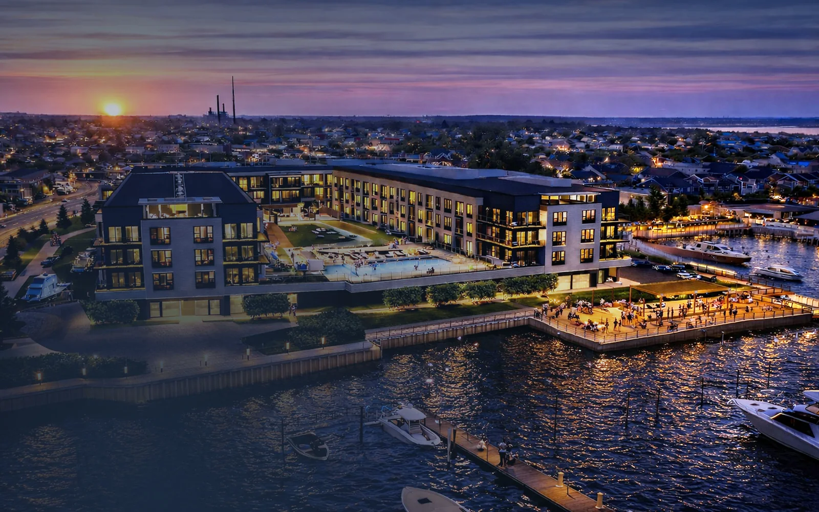 Official architectural rendering of The Bridgeview waterfront community in Island Park